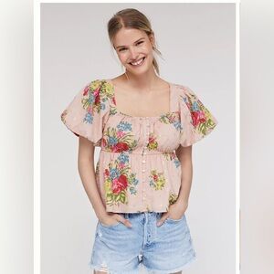 ANTHROPOLOGIE Love the Label Rosette Babydoll Tie Back Blouse, Sand |‎ Sz M  NWT